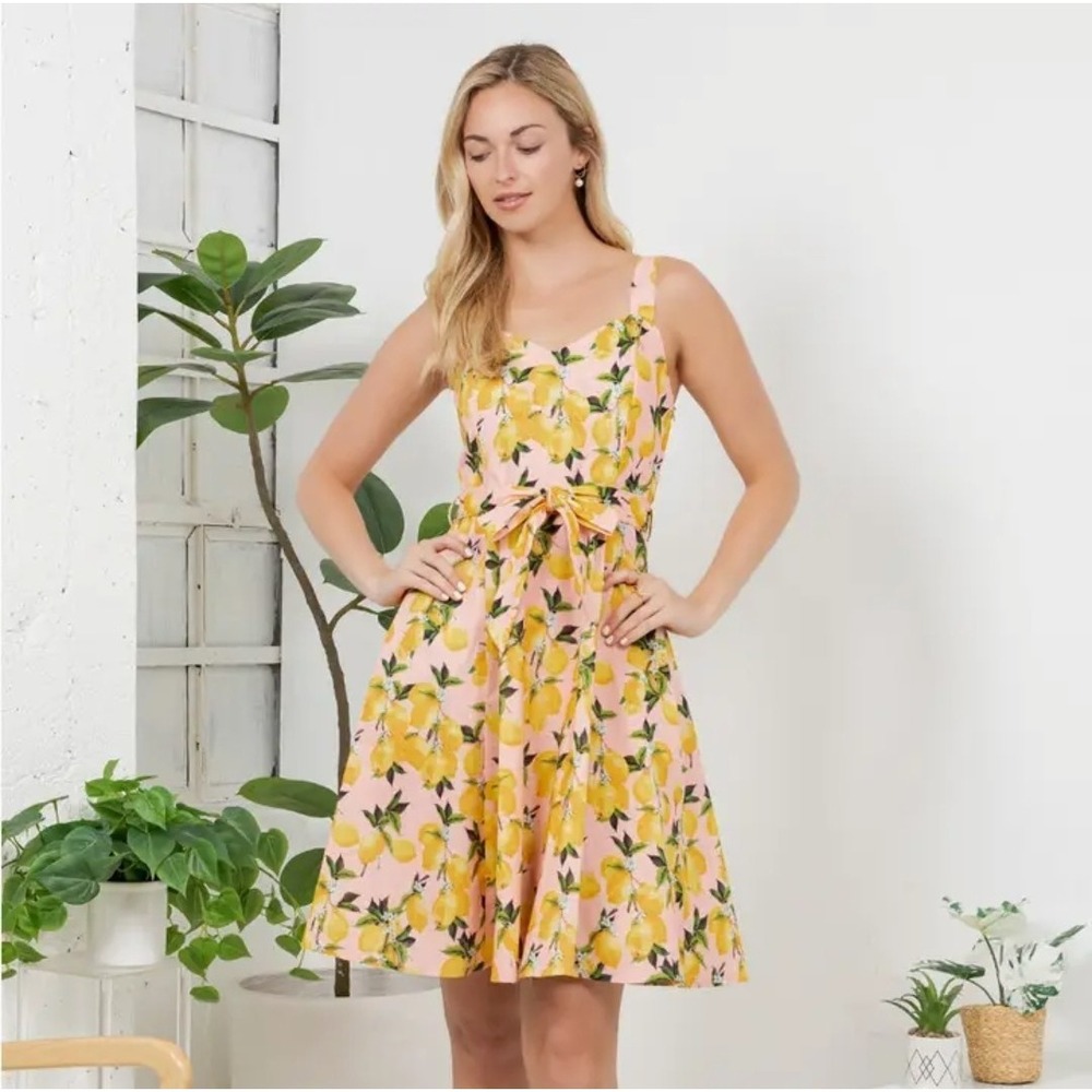 Vintage Style Lemon‎ Floral Print Pink Dress Size Lg NWT